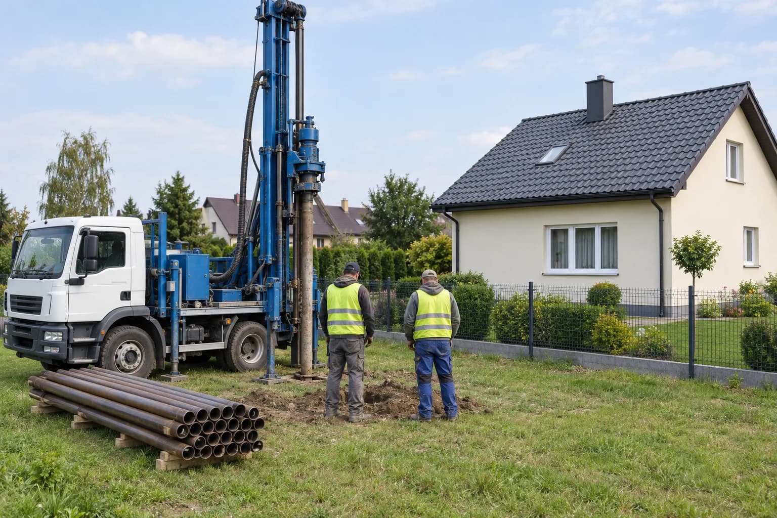 Wiertnica z masztem na działce, dwaj pracownicy w kamizelkach odblaskowych i dom w tle