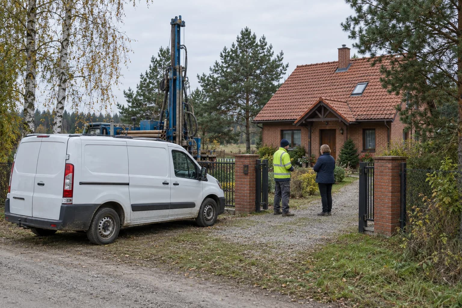 Biały bus i wiertnica przy domu jednorodzinnym z cegły, przy bramie dwie osoby