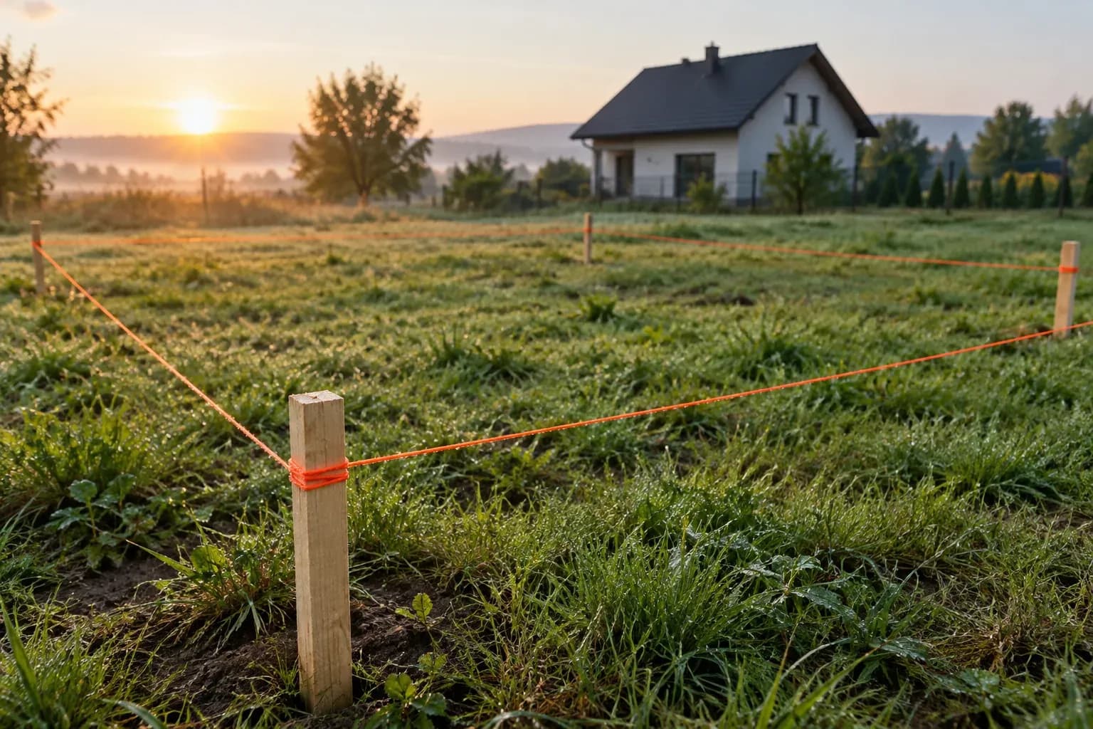 Działka z palikami geodezyjnymi i sznurkiem na trawie
