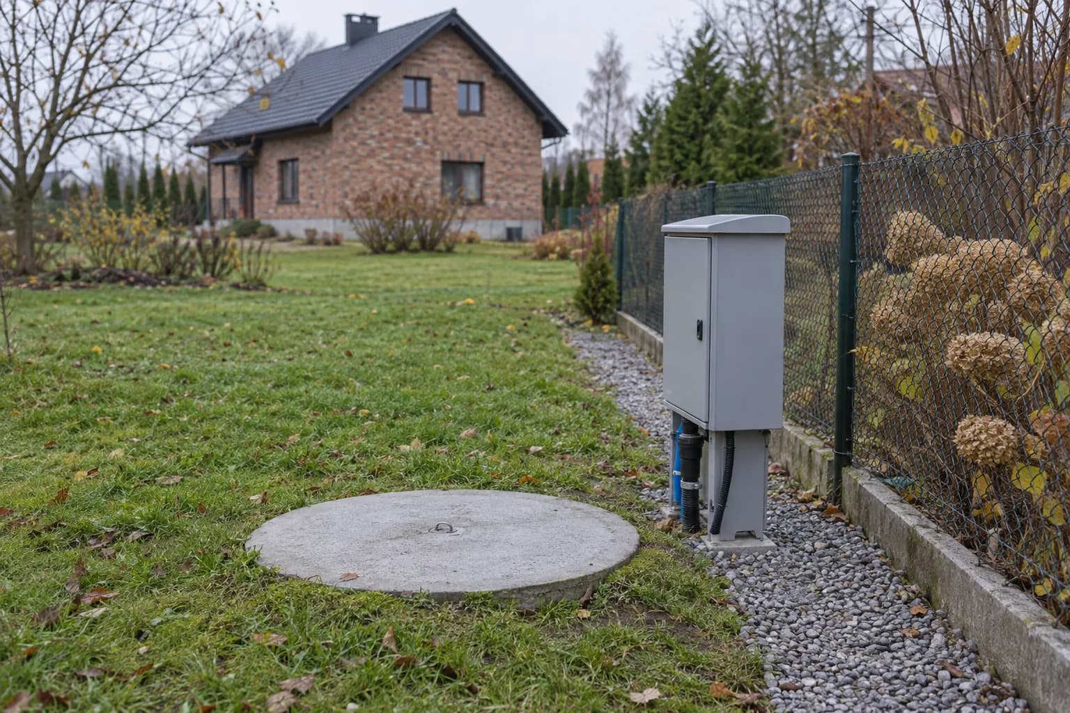 Głowica studni na trawniku przy ogrodzeniu, obok szafka sterująca pompy