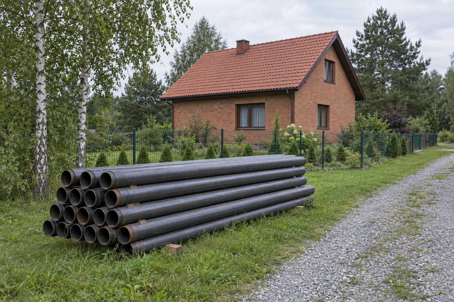 Stalowe rury osłonowe ułożone na trawniku przy działce